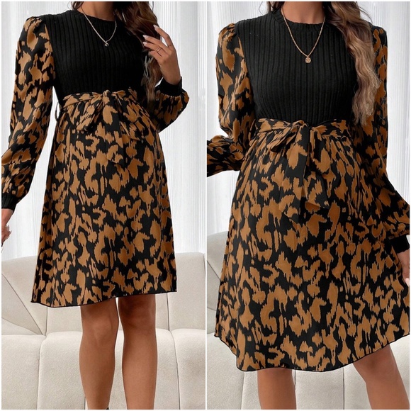 Maternity leopard Print Belted Long sleeve Dress - Picture 5 of 6